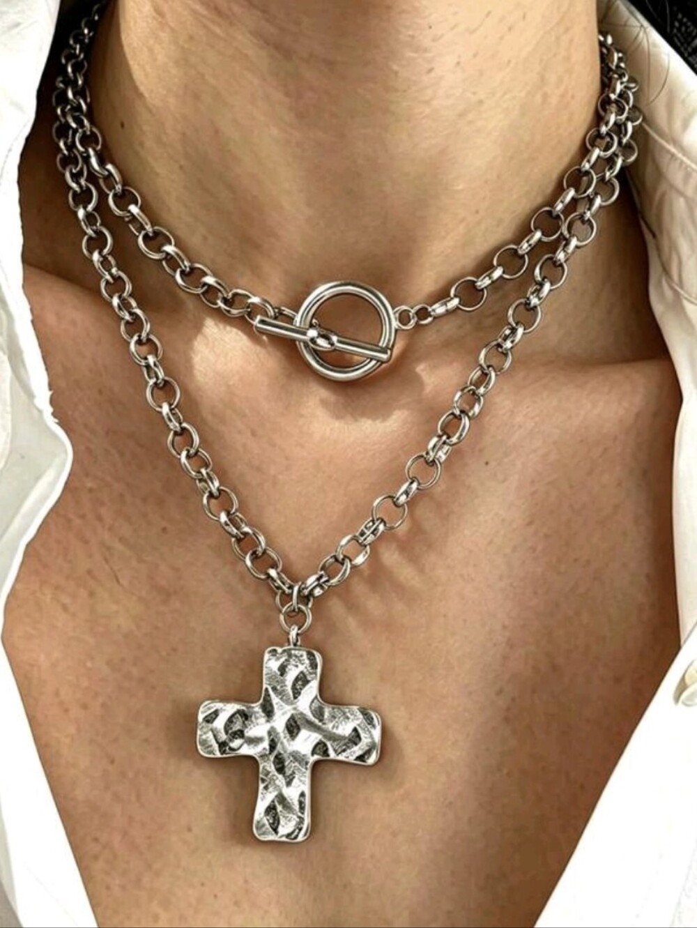 Silver Hammered Cross Layered Necklace - Women Jewelry